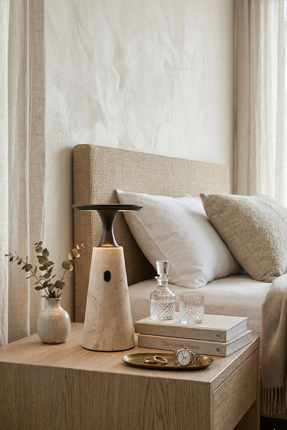Travertine Obelisk Table Lamp | Metal, Travertine | Bedside lamp in neutral bedroom setting | vexa lamps