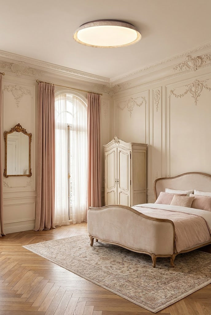 Travertine flush mount lamp in an elegant French-style bedroom | Wood, Travertine, Acrylic | Interior scene with ornate wall moldings | vexa lamps
