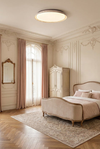 Travertine flush mount lamp in an elegant French-style bedroom | Wood, Travertine, Acrylic | Interior scene with ornate wall moldings | vexa lamps