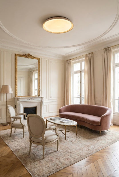 Minimalist travertine light in a grand traditional living room | Wood, Travertine, Acrylic | High-ceiling interior with fireplace and velvet sofa | vexa lamps