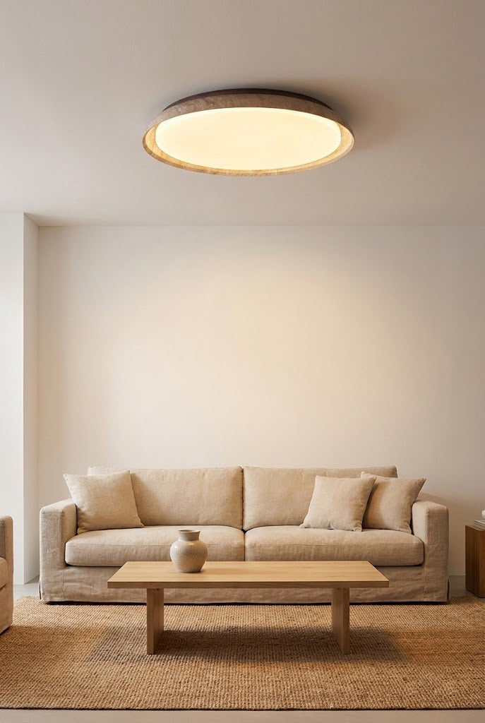 Round travertine ceiling fixture in a bright living room | Wood, Travertine, Acrylic | Centered over a modern sofa and jute rug | vexa lamps