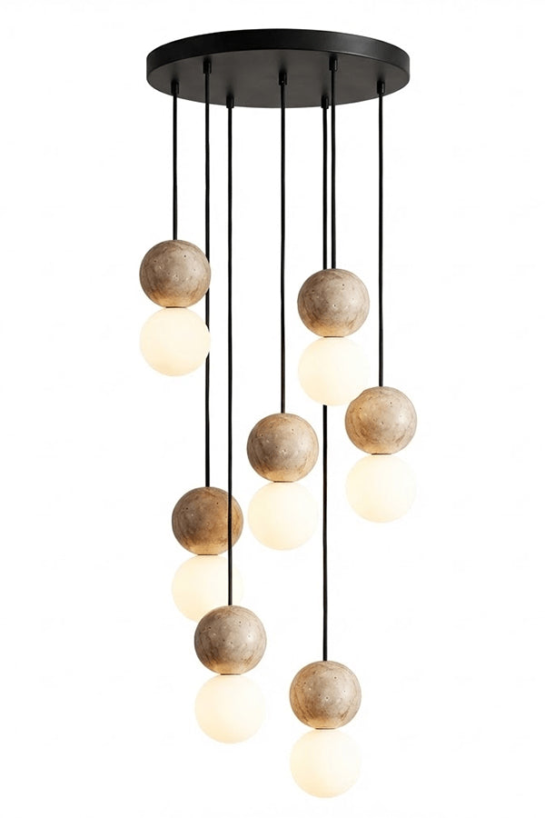 cluster travertine stone pendant light with  canopy | Yellow Travertine, Glass | Front view isolated on white background | vexa lamps