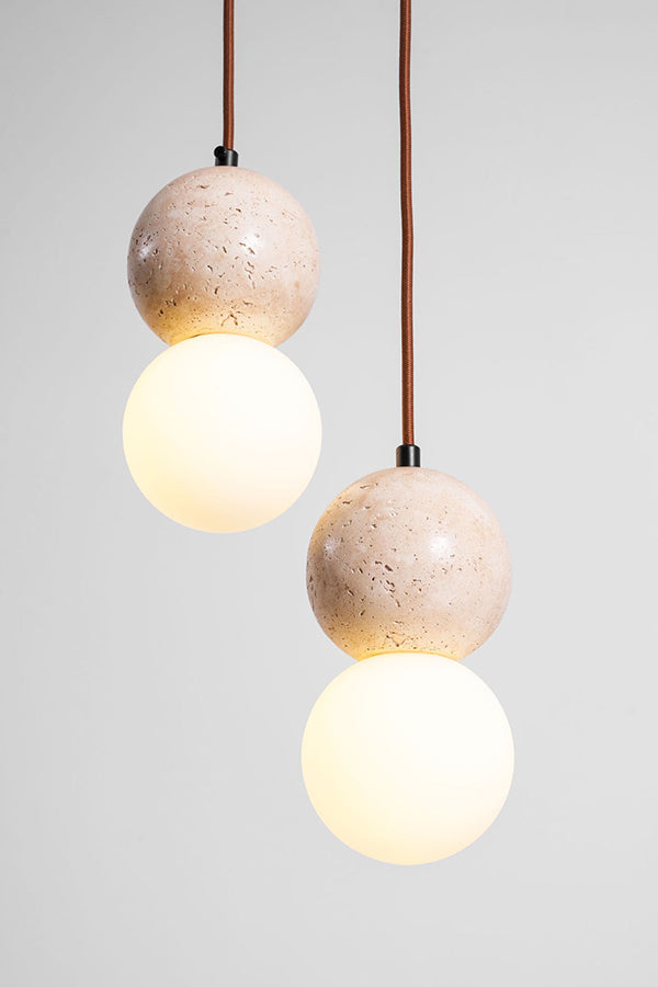 cluster travertine stone pendant light with  canopy | Yellow Travertine, Glass | Front view isolated on white background | vexa lamps