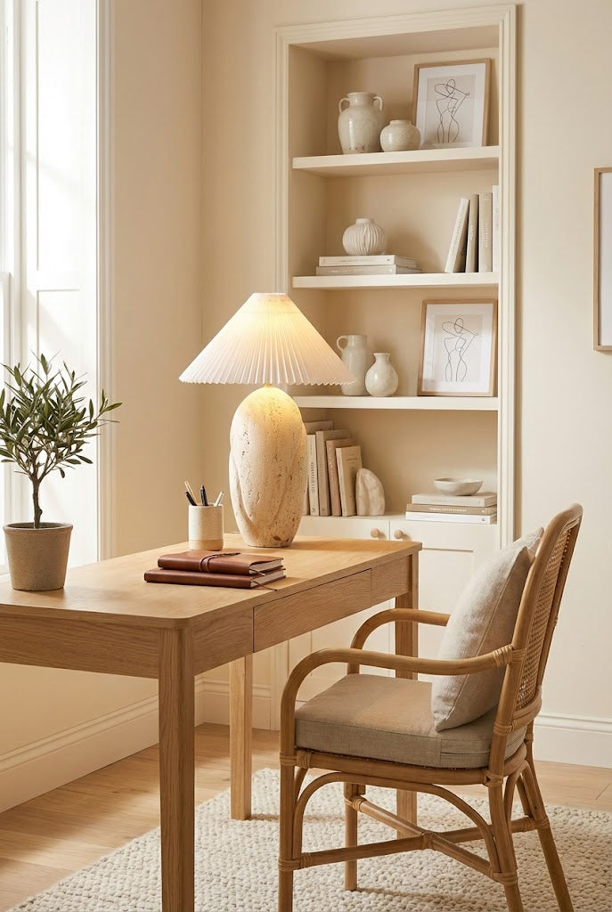 Travertine table lamp for workspace | Travertine, Fabric | On a light wood desk with a wicker chair | vexa lamps