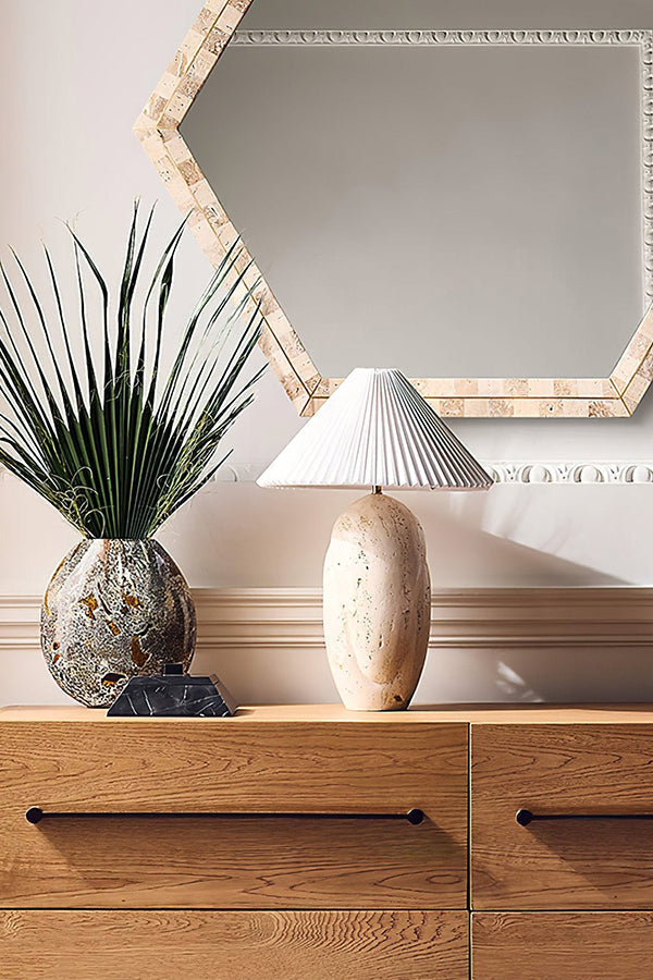 Travertine lamp on wooden dresser | Travertine, Fabric | Entryway scene with mirror and plant | vexa lamps