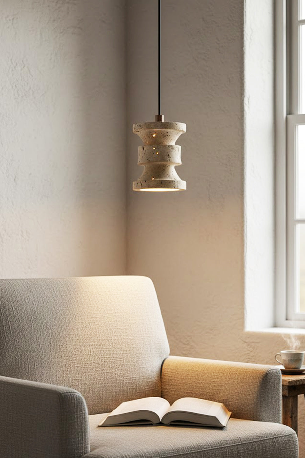Travertine Carved Pendant Light - view 2 | morylighting