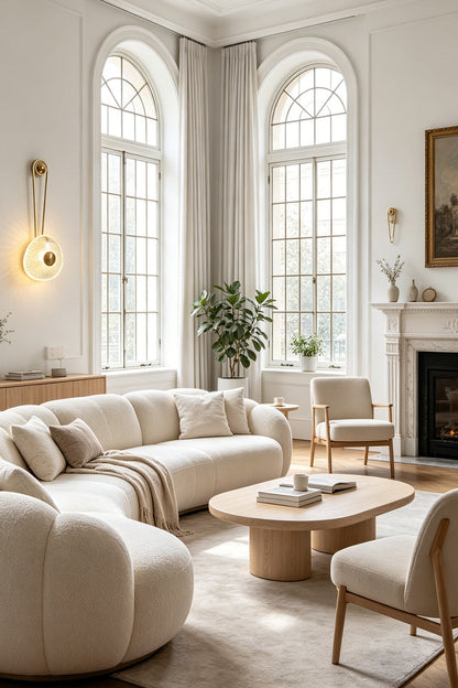 Vara Aura Woven Acrylic Wall Lamp | Woven Acrylic, Brass | Placed in a spacious living room featuring high arched windows, neutral furniture, and a bright ambiance | vexa lamps