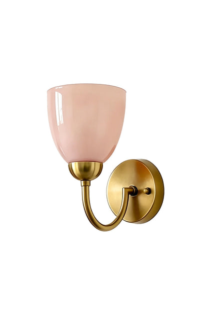 Curving brass arm wall lamp with pink bell glass shade | Metal, Glass | Clean product shot on white background | vexa lamps