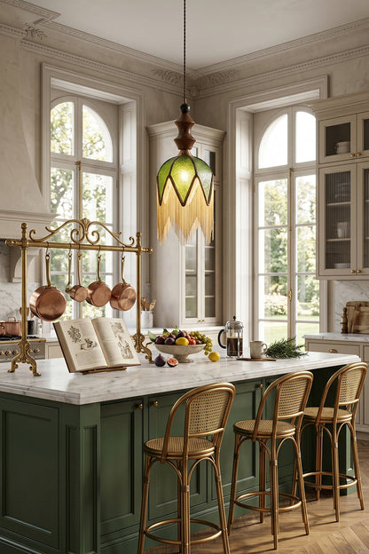 Verdure Cascade Pendant Light | Wood, Metal, Fabric | Illuminated above green kitchen island with wood stools | Interior scene | vexa lamps