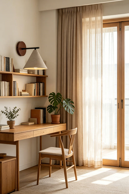 Vesper Cone Travertine Wall Light | Travertine, Wood | Desk lighting near large window and shelves | vexa lamps