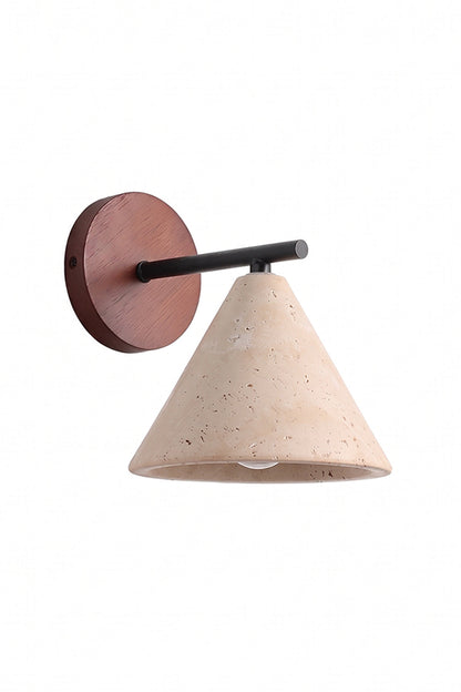 Vesper Cone Travertine Wall Light | Travertine, Wood | Cone shade with circular wood backplate | Isolated product shot | vexa lamps