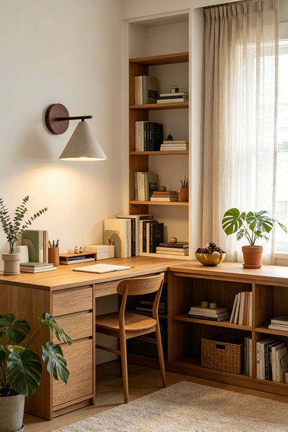 Vesper Cone Travertine Wall Light | Travertine, Wood | Built-in wooden shelves and desk setup | vexa lamps