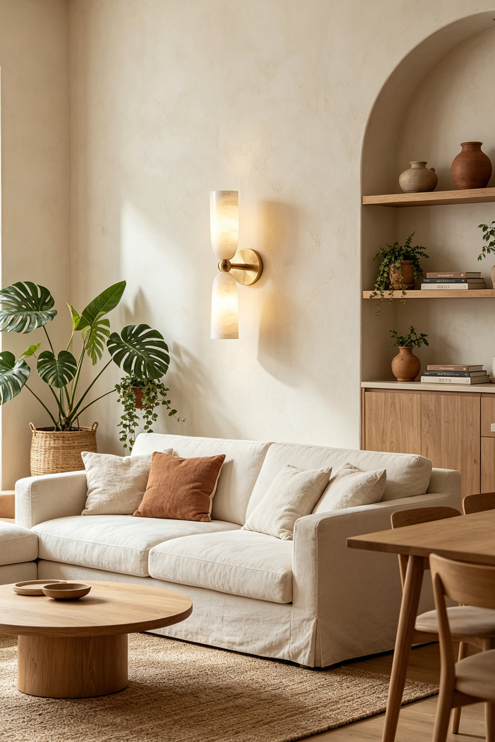 Vesperal Axis Alabaster Wall Lamp | Alabaster, Metal | Providing soft wall glow in a bright lounge area with a comfortable beige couch and wooden coffee table | vexa lamps