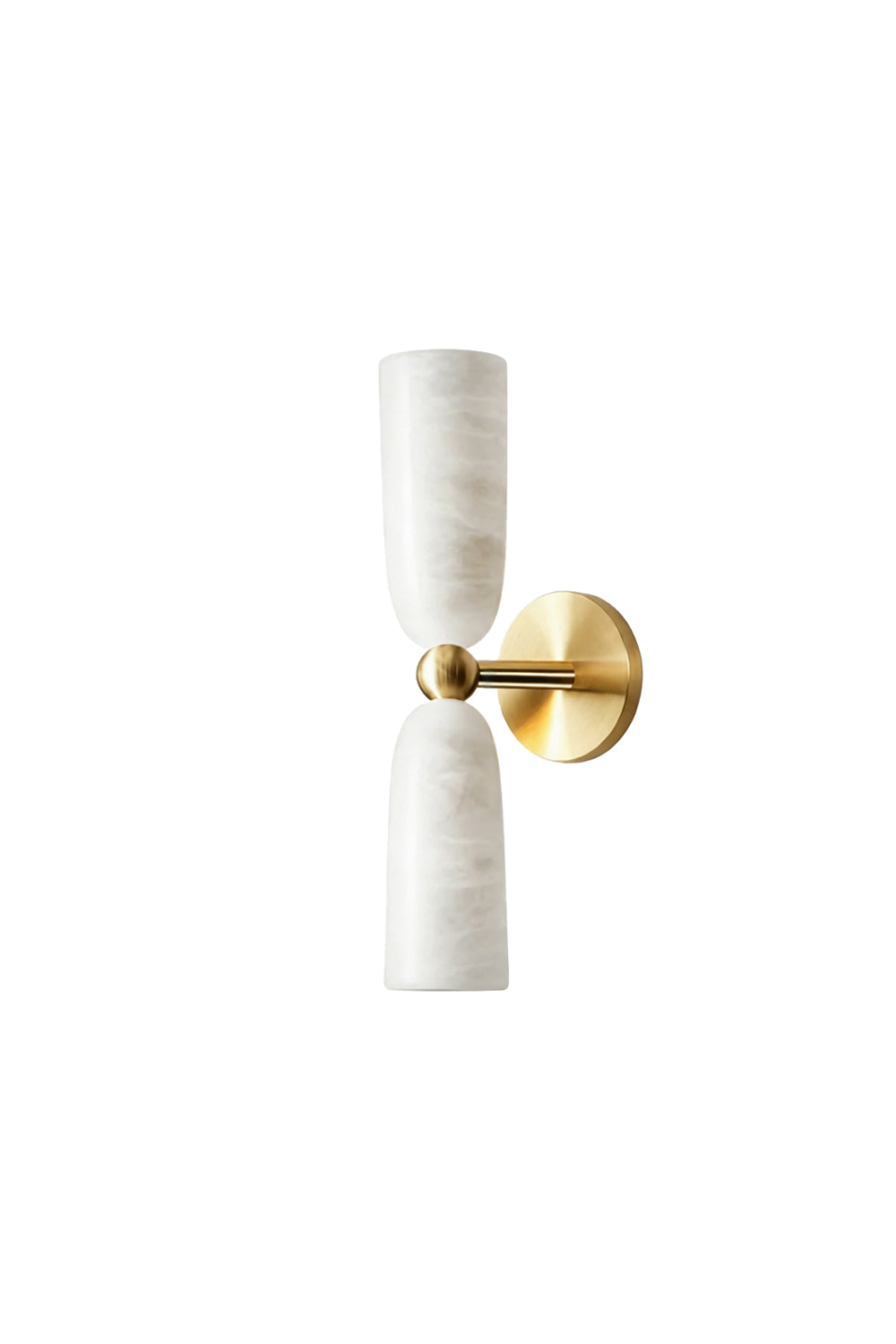 Vesperal Axis Alabaster Wall Lamp | Alabaster, Metal | Double-ended hourglass design with two alabaster shades and a gold metal base | Isolated lit product shot on white background | vexa lamps