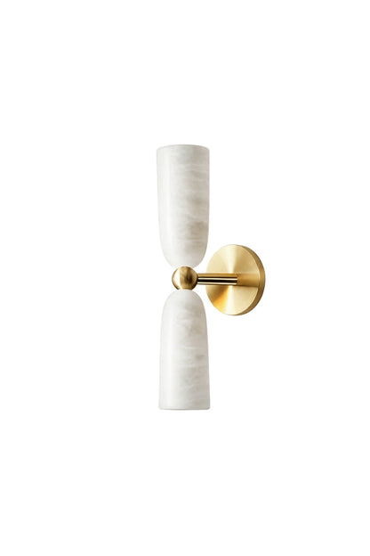 Vesperal Axis Alabaster Wall Lamp | Alabaster, Metal | Double-ended hourglass design with two alabaster shades and a gold metal base | Isolated lit product shot on white background | vexa lamps
