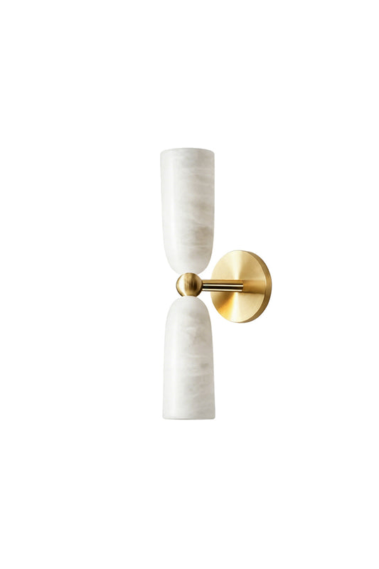 Vesperal Axis Alabaster Wall Lamp | Alabaster, Metal | Double-ended hourglass design with two alabaster shades and a gold metal base | Isolated lit product shot on white background | vexa lamps