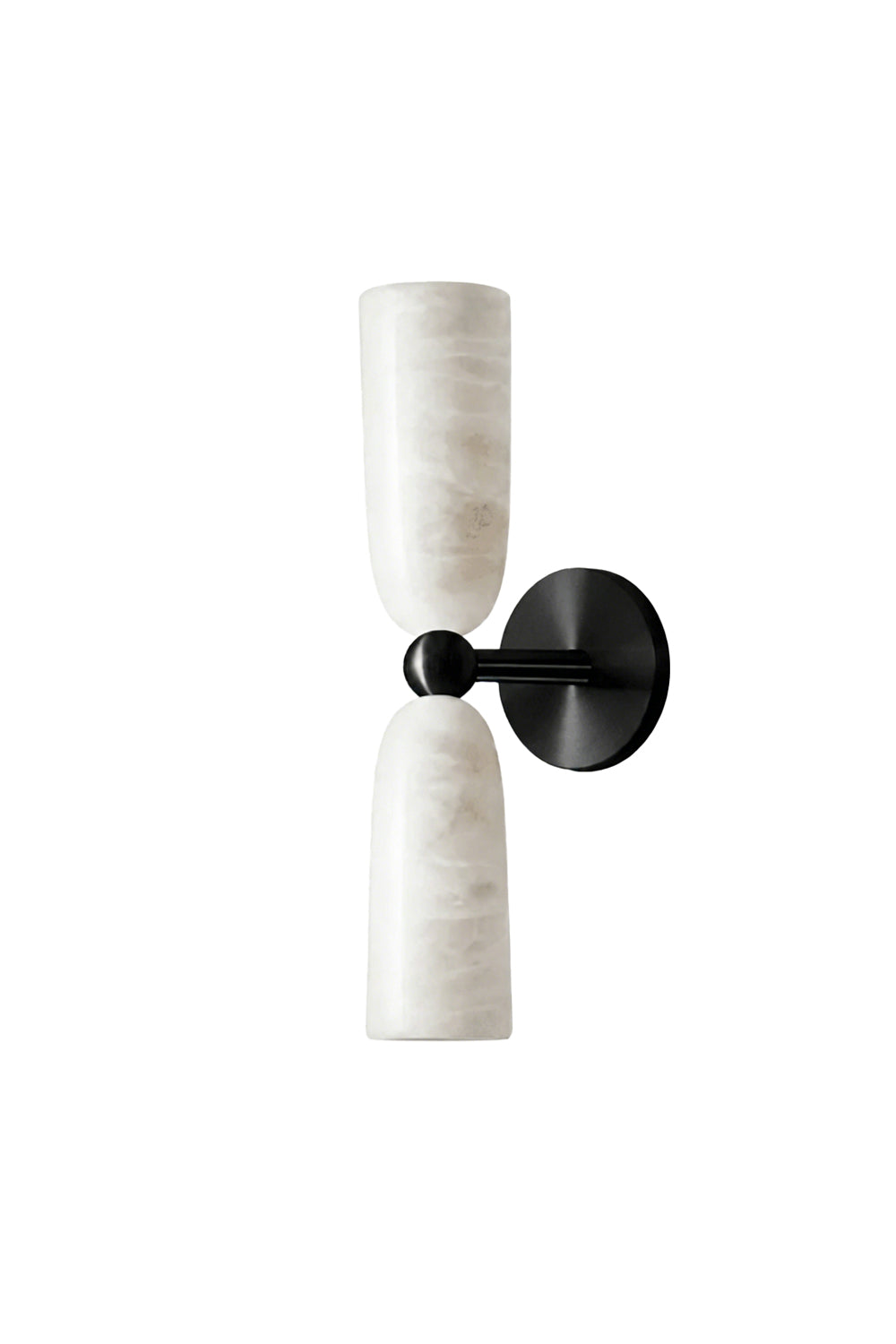 Vesperal Axis Alabaster Wall Lamp | Alabaster, Metal | Full view of the lamp featuring black metal hardware and dual alabaster stone shades | Isolated shot | vexa lamps