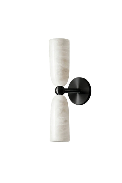 Vesperal Axis Alabaster Wall Lamp | Alabaster, Metal | Full view of the lamp featuring black metal hardware and dual alabaster stone shades | Isolated shot | vexa lamps