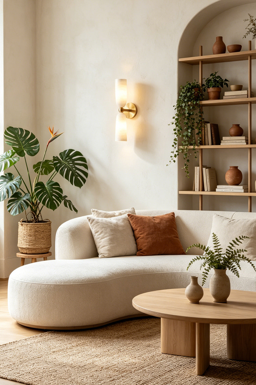 Vesperal Axis Alabaster Wall Lamp | Alabaster, Metal | Accent light on a plaster wall in a modern living room with a curved white sofa and arched wooden shelving | vexa lamps