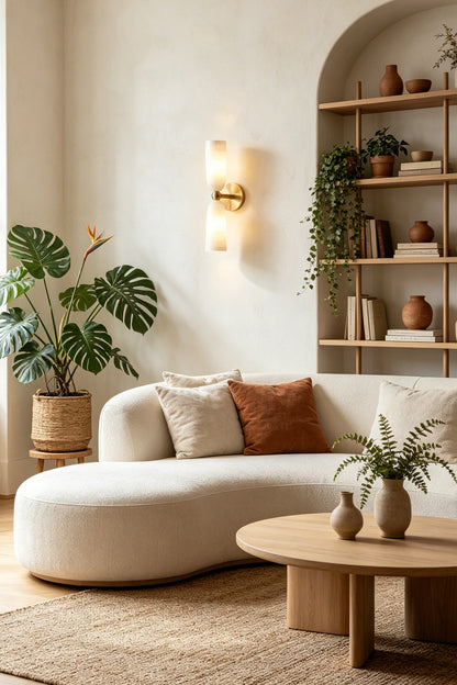Vesperal Axis Alabaster Wall Lamp | Alabaster, Metal | Accent light on a plaster wall in a modern living room with a curved white sofa and arched wooden shelving | vexa lamps