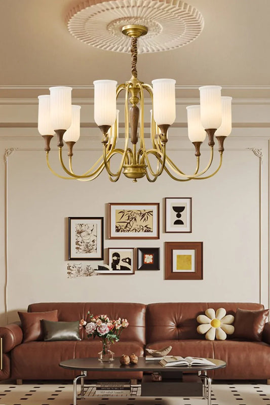 Vintage Walnut Brass Glass Chandelier - view 2 | morylighting