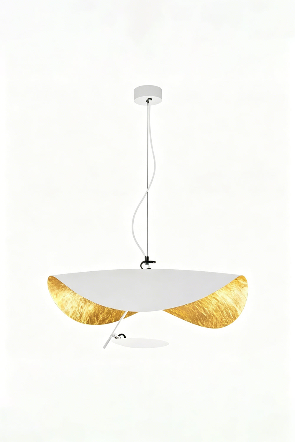 Voluta Horizon Metal Pendant Light | Metal | Straight-on view of the fully lit white and gold wave pendant light | Isolated shot | vexa lamps