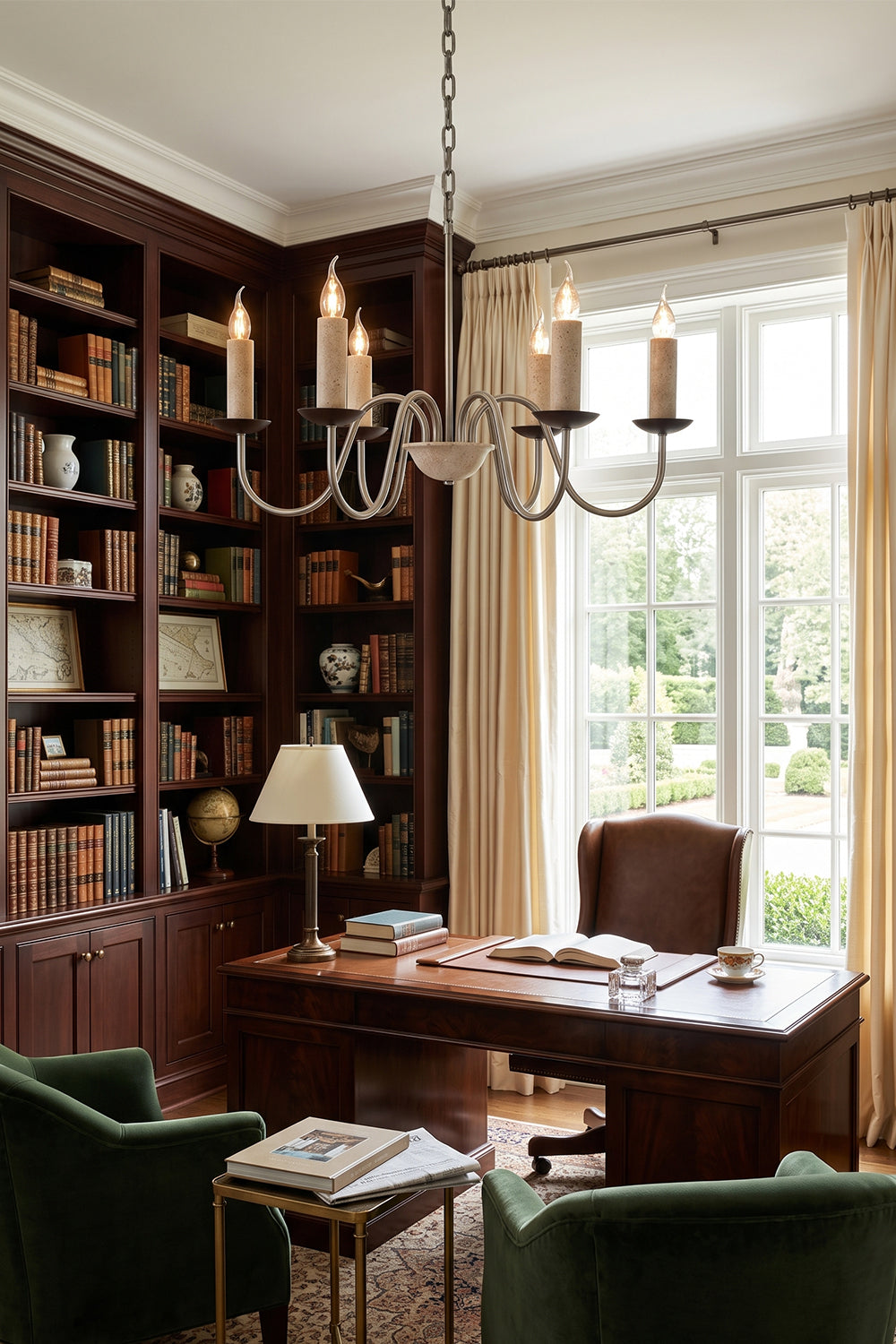 Winslow Travertine Candelabra Chandelier | Natural Travertine and Metal | Displayed in a classic home library office with dark bookcases | vexa lamps