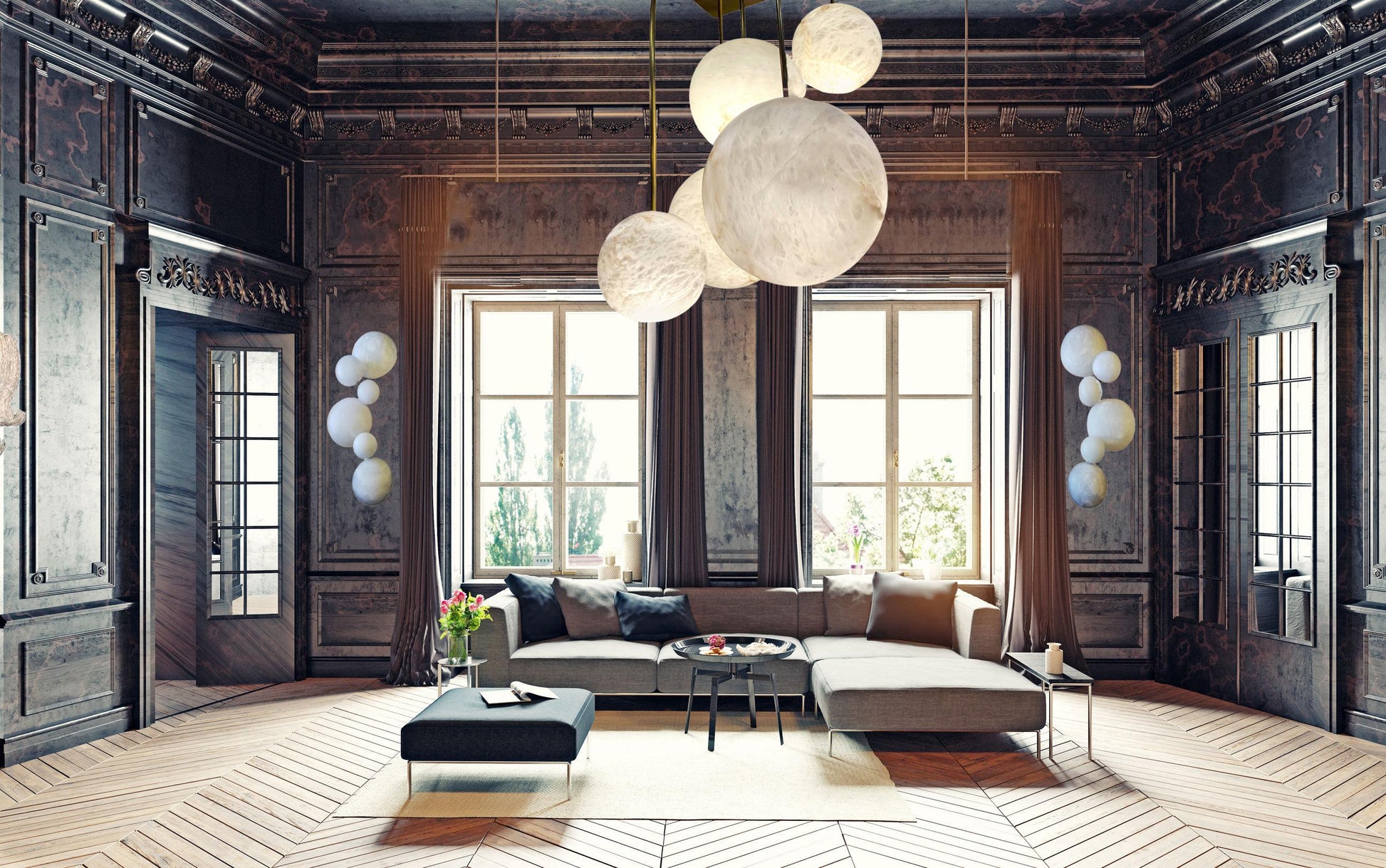 Galaxy Contemporary Italian Alabaster Marble Globe Chandelier