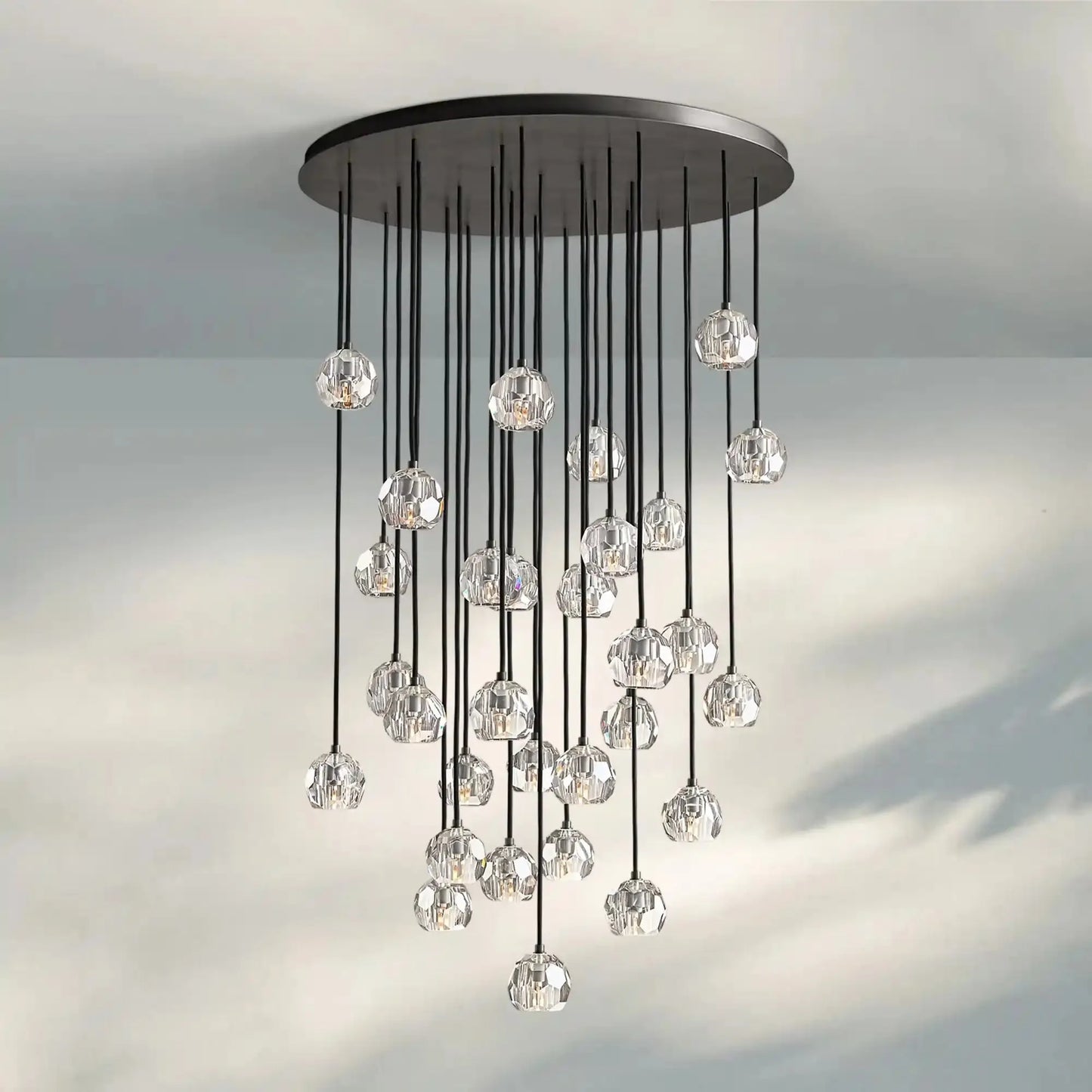 Bouble De Crystal Round Cluster Chandelier-Round: 40'' 30 Light-Clear-Black-Morylighting