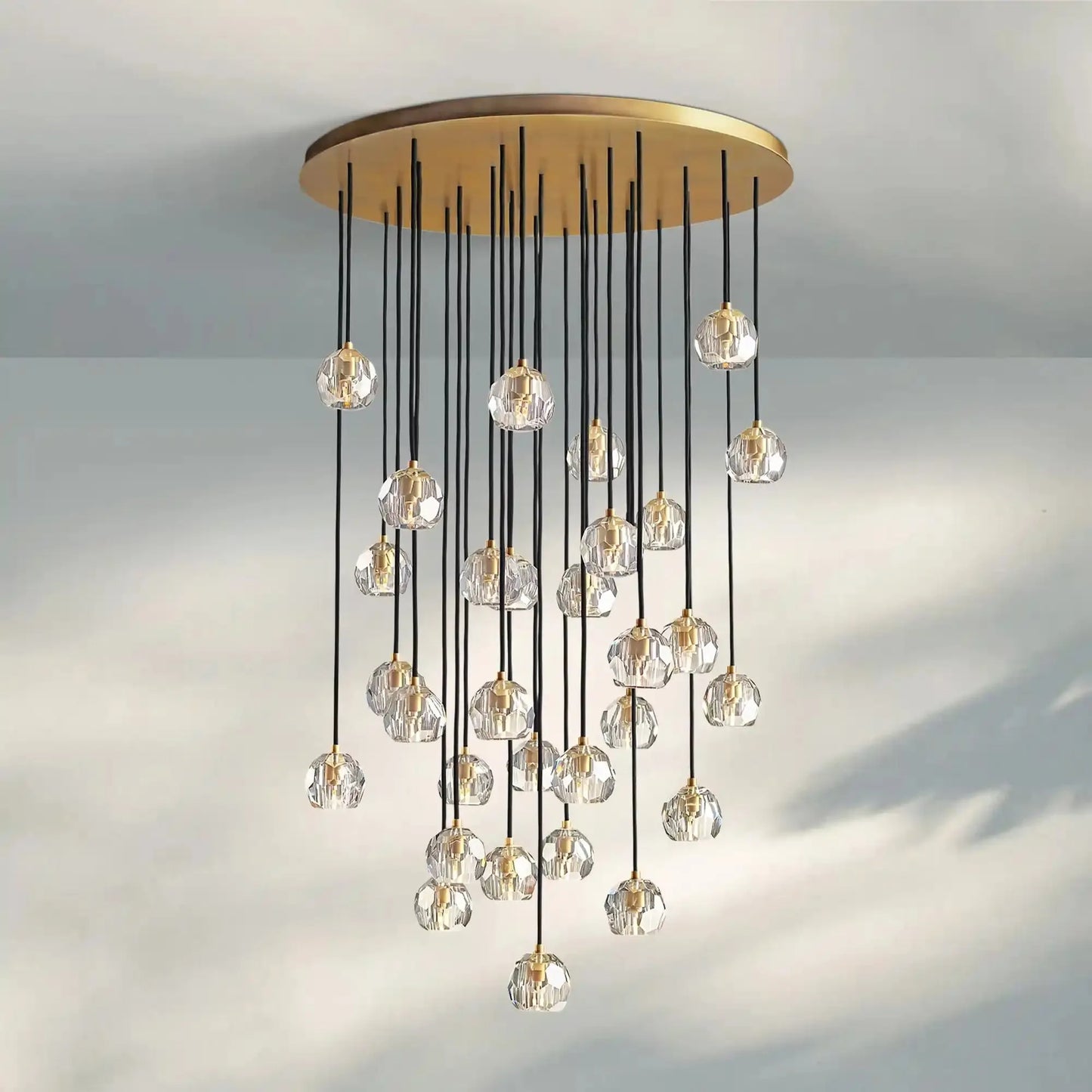 Bouble De Crystal Round Cluster Chandelier-Round: 40'' 30 Light-Clear-Lacquered Burnished Brass-Morylighting