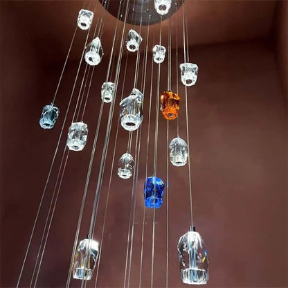 Modern Floating Clear/Blue/Amber Irregular Crystal Chandelier for High-ceiling