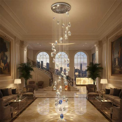 Modern Floating Clear/Blue/Amber Irregular Crystal Chandelier for High-ceiling
