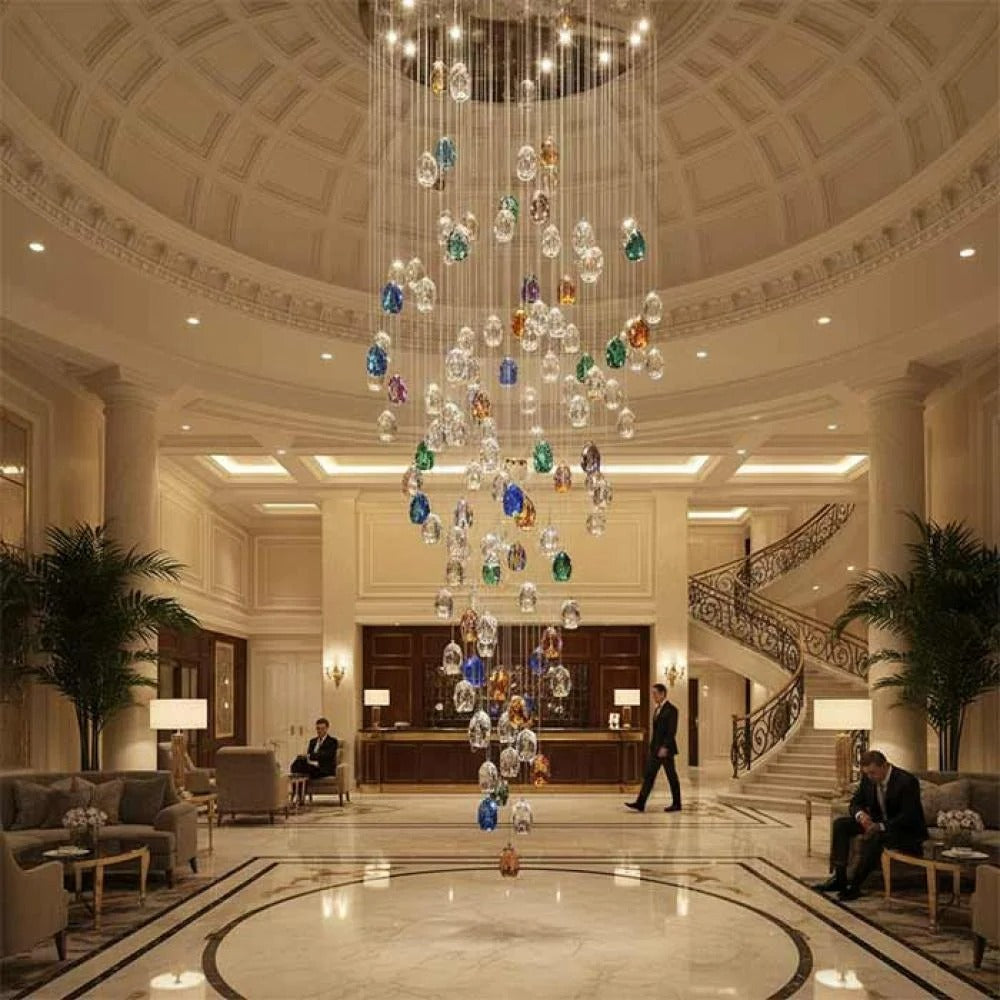 Modern Floating Clear/Blue/Amber Irregular Crystal Chandelier for High-ceiling