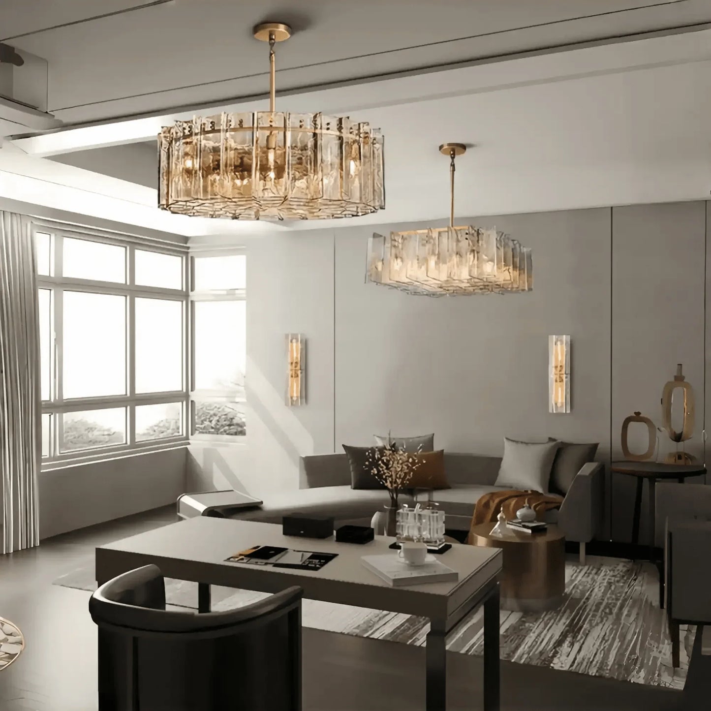 Lattic Smoke Glass Round Chandelier 36'' 48'' - 36''ClearLacquered Burnished BrassMorylighting