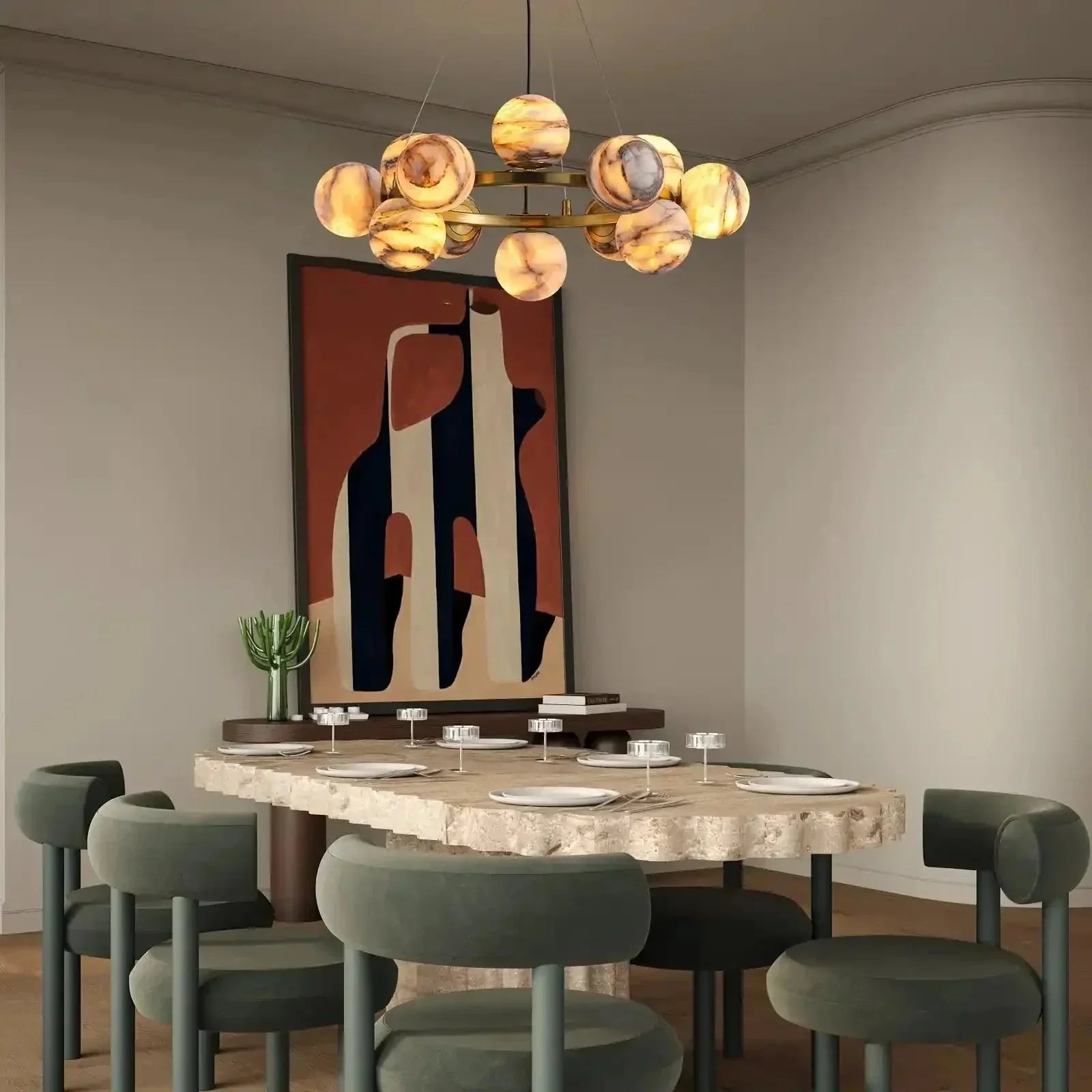 Mid Century Modern Sputnik 12 Light Gold Alabaster Globe Chandelier | Morylighting (29)