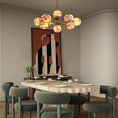 Mid Century Modern Sputnik 12 Light Gold Alabaster Globe Chandelier | Morylighting (29)
