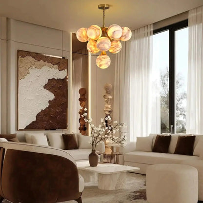 Mid Century Modern Sputnik 12 Light Gold Alabaster Globe Chandelier | Morylighting (17)