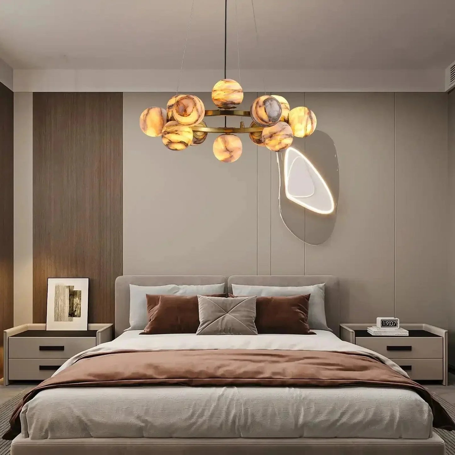 Mid Century Modern Sputnik 12 Light Gold Alabaster Globe Chandelier | Morylighting (23)
