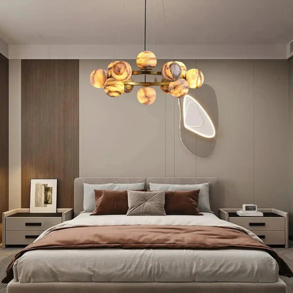 Mid Century Modern Sputnik 12 Light Gold Alabaster Globe Chandelier | Morylighting (23)