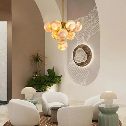 Mid Century Modern Sputnik 12 Light Gold Alabaster Globe Chandelier | Morylighting (11)