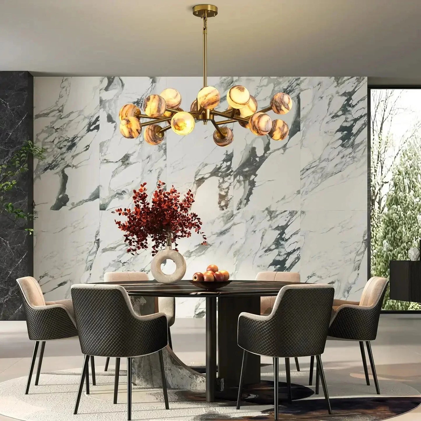 Mid Century Modern Sputnik 12 Light Gold Alabaster Globe Chandelier | Morylighting (9)