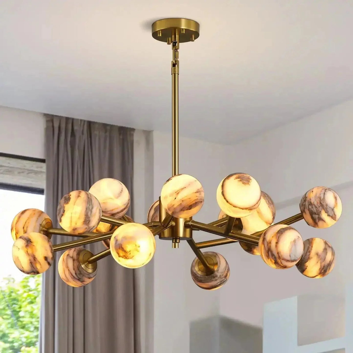 Mid Century Modern Sputnik 12 Light Gold Alabaster Globe Chandelier | Morylighting (4)