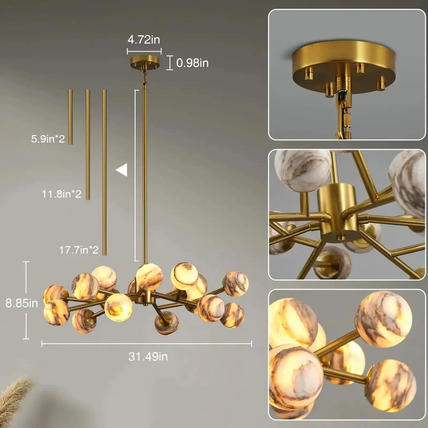 Mid Century Modern Sputnik 12 Light Gold Alabaster Globe Chandelier | Morylighting (8)