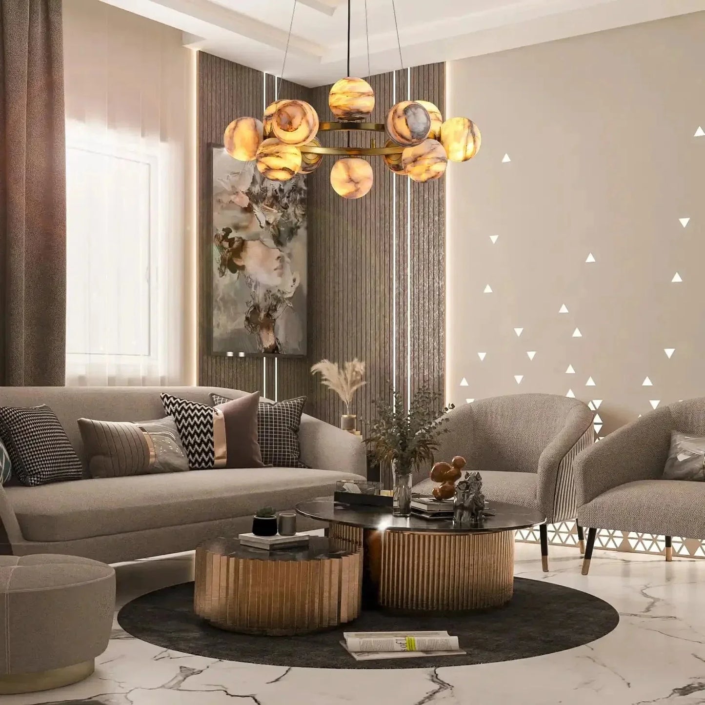 Mid Century Modern Sputnik 12 Light Gold Alabaster Globe Chandelier | Morylighting (7)
