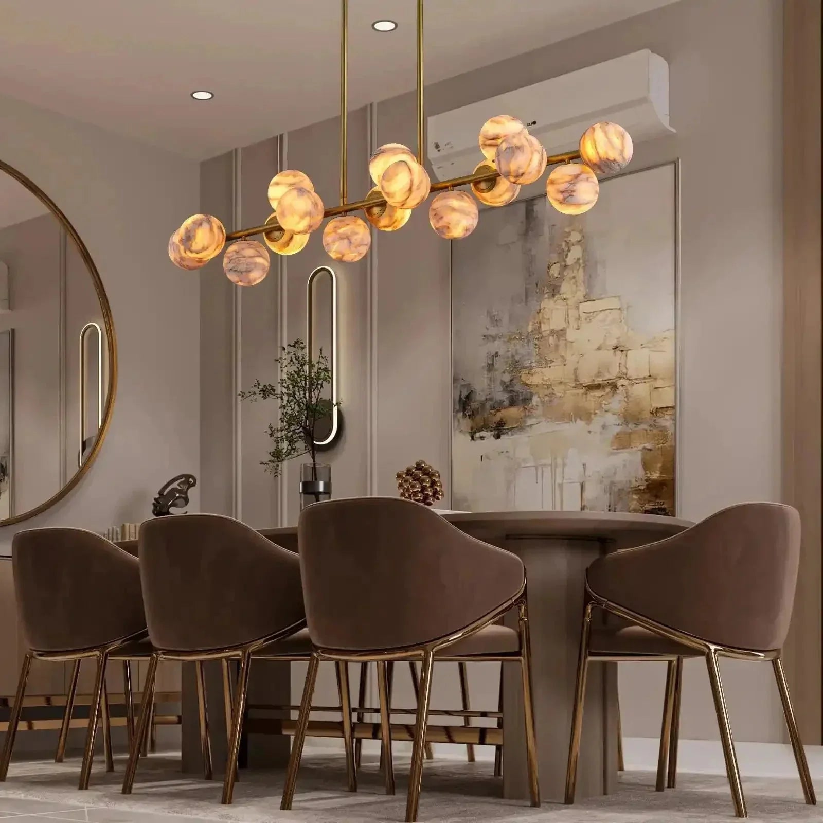 Mid Century Modern Sputnik 12 Light Gold Alabaster Globe Chandelier | Morylighting (14)