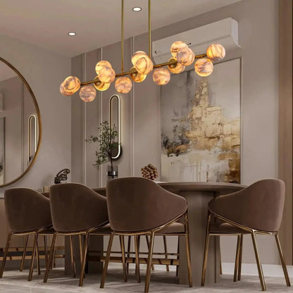 Mid Century Modern Sputnik 12 Light Gold Alabaster Globe Chandelier | Morylighting (14)