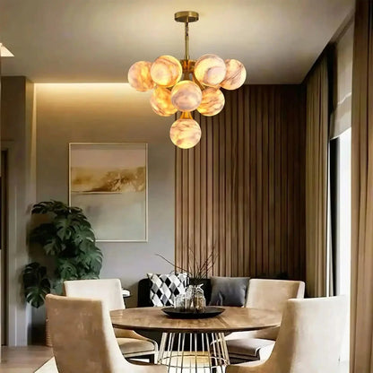 Mid Century Modern Sputnik 12 Light Gold Alabaster Globe Chandelier | Morylighting (6)