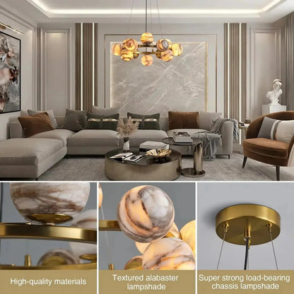 Mid Century Modern Sputnik 12 Light Gold Alabaster Globe Chandelier | Morylighting (27)