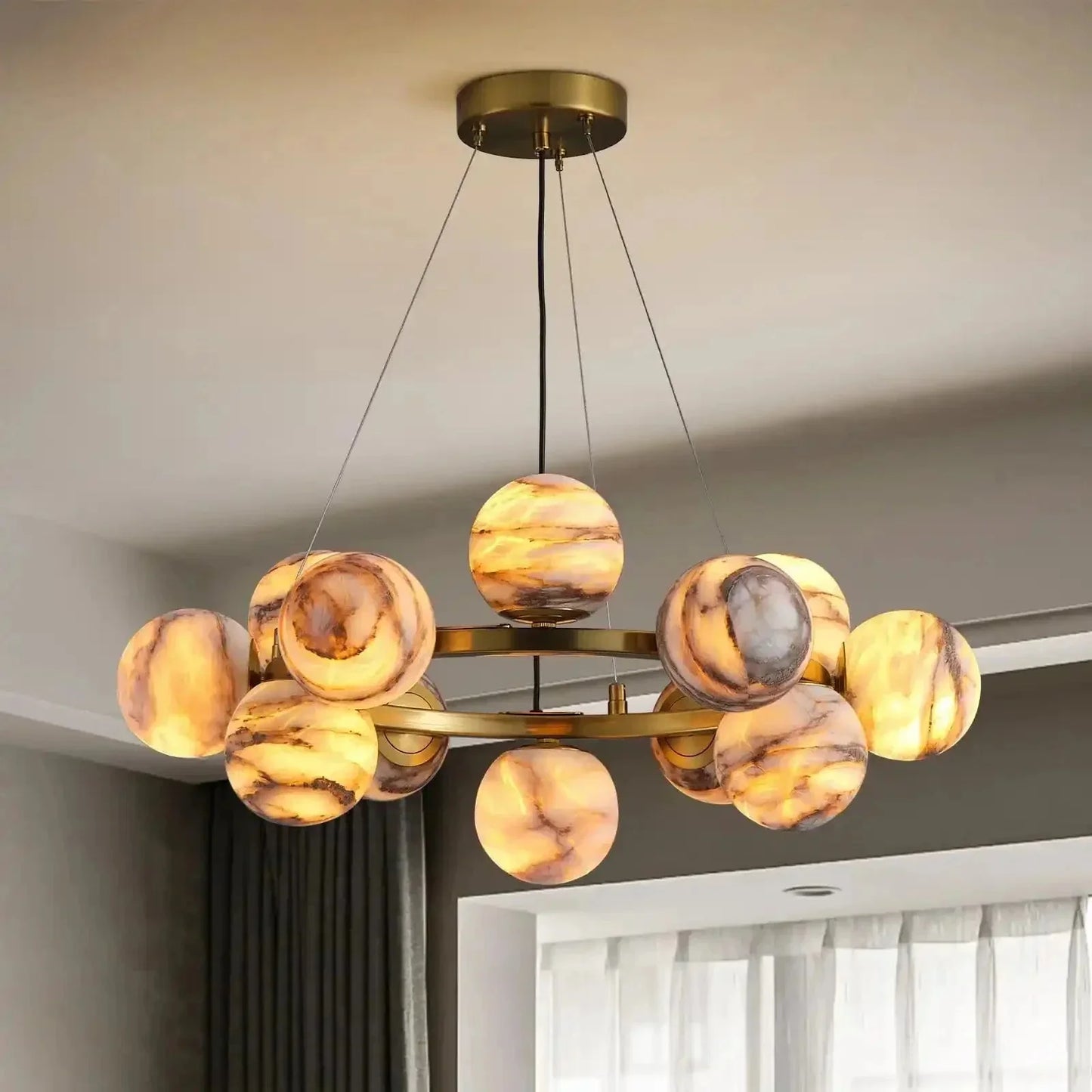 Mid Century Modern Sputnik 12 Light Gold Alabaster Globe Chandelier | Morylighting (1)