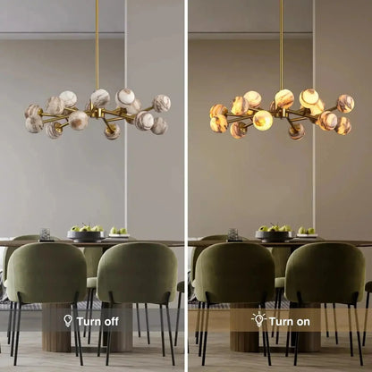 Mid Century Modern Sputnik 12 Light Gold Alabaster Globe Chandelier | Morylighting (15)
